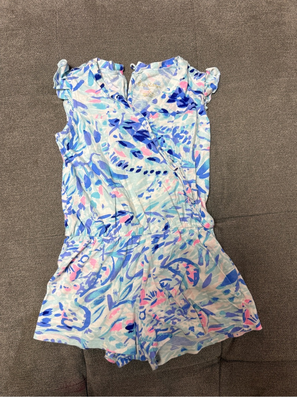 Lilly Pulitzer Light Blue Floral Print Girls' Romper with Pink & Navy Accents